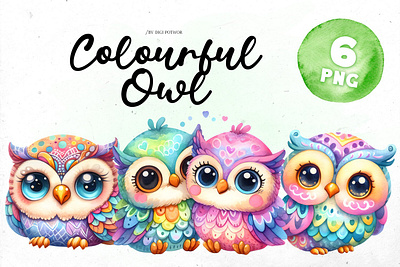 Cute Watercolor Colorful Owl Bundle PNG Cliparts 3d animation graphic design logo motion graphics ui