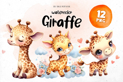 Cute Watercolor Giraffe Bundle PNG Cliparts 3d animation graphic design motion graphics ui