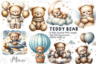 Watercolor teddy bear clipart Bundle 3d animation graphic design logo motion graphics