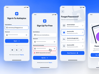 asklepios: AI Healthcare & Wellness App | Sign In/Sign Up UIUX blue clean gradient healthcare healthcare app heatlhcare input ui ios app minimal mobile app modern register sign in sign up soft text input ui ui kit virtual care wellness app