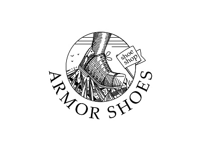 Armor Shoes Logo armor boots brand branding engraving flag line art logo logotype retro shoe shop sword vintage war weapon