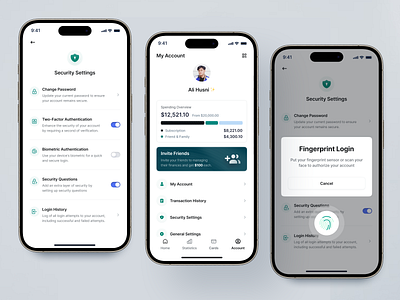 Profile Page - Finance Mobile App banking app biometric clean design expense finance finance app finger fintech minimalist mobile app mobile banking profile profile page security security settings settings spending overview ui ux