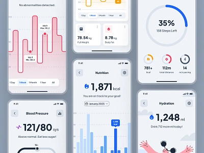 asklepios: AI Healthcare & Wellness App | Health Metrics UIUX blood pressure blue calorie clean figma ui kit health data health metrics health monitor health monitoring health monitoring app health tracker app healthcare app heart rate heart rate app hydration minimal ui ui kit virtual care wellness app