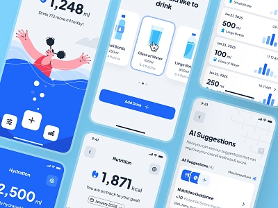 asklepios: AI Healthcare & Wellness App | Water Tracker UIUX ai drinking app blue chart ui clean drink app drink ui drinking app figma ui kit healthcare healthcare app hydration app minimal soft ui ui kit virtual care water app water tracker app water ui wellness app