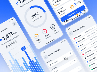 asklepios: AI Healthcare & Wellness App | Health Tracker UIUX ai health companion blood pressure app blue calorie app clean fitness app gradient health data health metrics health monitoring app health tracker app healthcare healthcare app healthcare ui minimal soft steps app ui ui kit wellness app