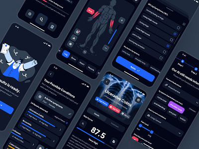 asklepios: AI Healthcare & Wellness App | AI Symptom Checker UI ai health companion ai symptom checker blue clean dark mode dark ui healthcare healthcare app medical app minimal modern soft symptom app symptom checker symptom checker app symptom ui ui ui kit virtual care wellness app