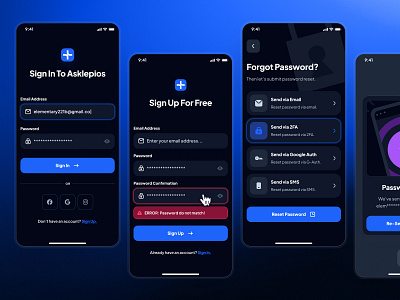 asklepios: AI Healthcare & Wellness App | Sign In/Sign Up Screen authentication ui blue clean dark mode dark ui gradient healthcare app healthcare ui log in log in screen minimal register register screen sign in sign in screen sign up sign up screen soft ui kit virtual care