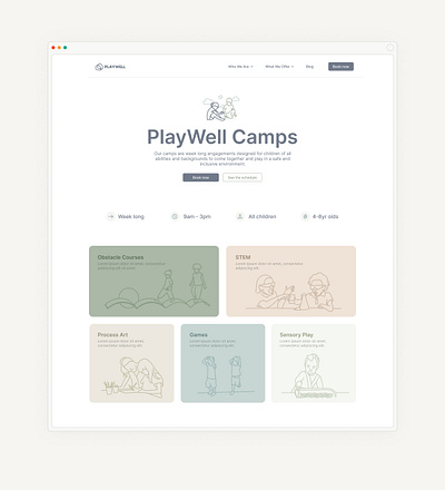 Website design for Playwell branding graphic design illustration line drawing pastal colors ui website design