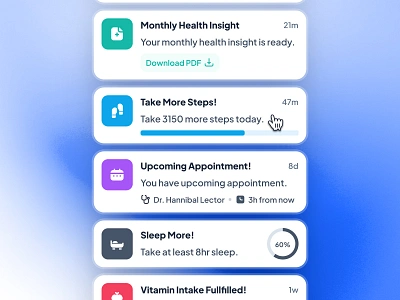 asklepios: AI Healthcare & Wellness App | Notification Card UIUX ai health companion blue clean fitness notification gradient health notification healthcare healthcare ui kit minimal modern notificatino popup notification notification card notification ui sleep notification soft step notification ui ui kit virtual care