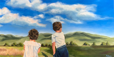 Mountains children mountains new england oil painting