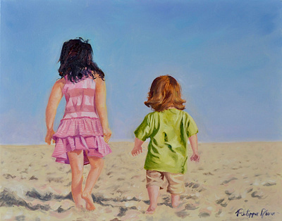 Beach days beach children oil painting