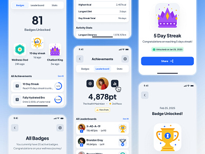 asklepios: AI Healthcare & Wellness App | Badge Achievements UI achievement ui achievement unlocked achievements ai health companion badge badge ui clean fitness app healthcare healthcare app healthcare ui leaderboard leaderboard ui minimal soft trophy ui ui ui kit virtual care wellness app