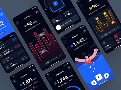 asklepios: AI Healthcare & Wellness App | Health Metrics Dark UI calorie calorie ui chart ui clean health data health metrics health monitoring app health tracker app healthcare healthcare app heart rate heart rate ui heatlh metrics hydration minimal steps steps taken ui kit weight wellness app