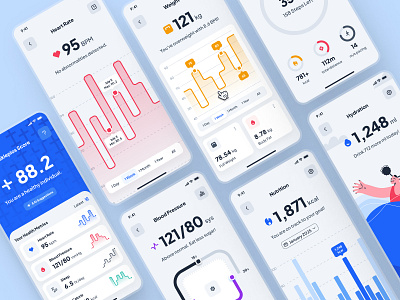 asklepios: AI Healthcare & Wellness App | Health Metrics UIUX blood pressure blood pressure app blue chart ui clean health chart health data health metrics health monitoring app health tracker app healthcare healthcare ui kit heart rate ui heartrate app hydration app minimal steps ui ui kit virtual care water app