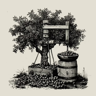 Olive Oil Tree Press Illustration engraving etching illustration olive oil tree