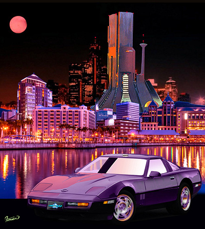 Corvette ZR1 1990 - Under a Red Moon car illustration classic american cars classic car design corvette zr1 1990 red moon illustration moreno franco art ui