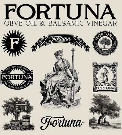 Fortuna Olive Oil Branding Kit branding branding design engraving etching fortuna illustration logo script logo