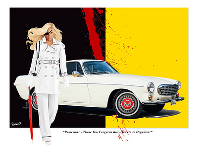 Daryl Hannah as Ellie Driver with a Volvo P1800 S - Coupe car illustration classic car design ellie driver volvo p1800 s coupe illustration kill bill moreno franco art volvo p1800 s coupe