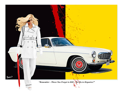 Daryl Hannah as Ellie Driver with a Volvo P1800 S - Coupe car illustration classic car design ellie driver volvo p1800 s coupe illustration kill bill moreno franco art volvo p1800 s coupe