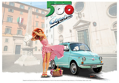 My lady, Ilze - the Red Goat with her Fiat 500 Topolino in Roma car illust car illustration classic car design fiat topolino moreno franco art