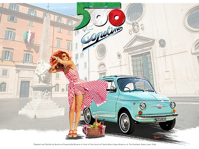 My lady, Ilze - the Red Goat with her Fiat 500 Topolino in Roma car illust car illustration classic car design fiat topolino moreno franco art