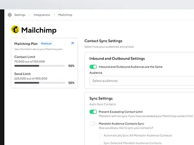 Integrations Settings analytics audiences badge card contacts integrations integrations settings mailchimp mailchimp integrations music music analytics music software progress bar settings toggle ui