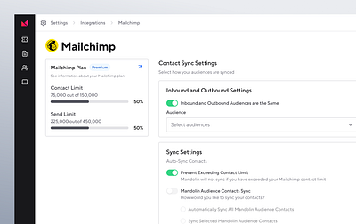 Integrations Settings analytics audiences badge card contacts integrations integrations settings mailchimp mailchimp integrations music music analytics music software progress bar settings toggle ui