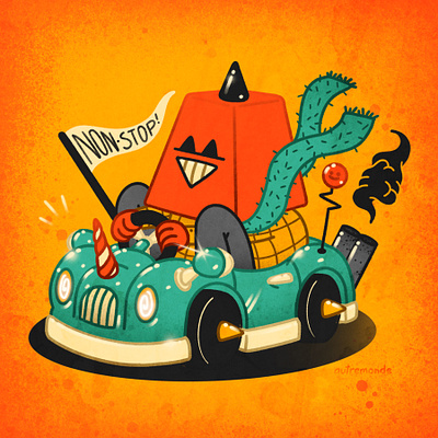 Non Stop Kart Illustration car design car drawing car illustration cartoon art cartoon style character art character drawing character illustration colorful style digital art digital illustration illustration illustrator lowbrow montreal artist procreate procreate art procreate drawing procreate illustration rubberhose