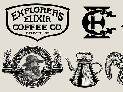 Explorer's Elixir Branding Kit badge kit branding kit engraving ethcing historical historical branding illustration