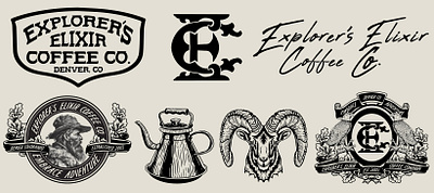 Explorer's Elixir Branding Kit badge kit branding kit engraving ethcing historical historical branding illustration