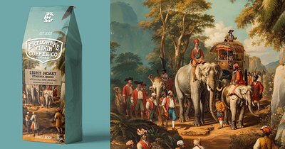 Explorer's Elixir Coffee Packaging Design coffee bag historical historical packaging historical painting packaging design