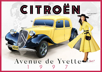 My pretty lady, Yvette with her Citroen Traction Avant - 1952 ca car illustration citroen traction avant 1952 classic car design french car design illustration moreno franco art