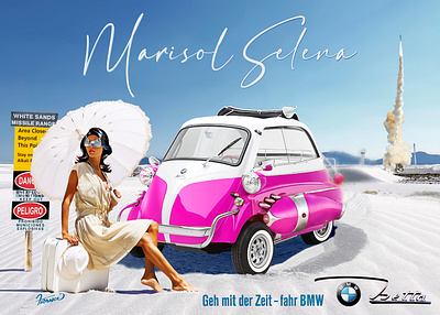 My lady Marisol, and her Isetta BMW at the Missile Test Range at the missile test range car car illustration classic car design illustration isetta bmw italian car design marisol moreno franco art white sands whitesands