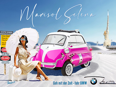 My lady Marisol, and her Isetta BMW at the Missile Test Range at the missile test range car car illustration classic car design illustration isetta bmw italian car design marisol moreno franco art white sands whitesands