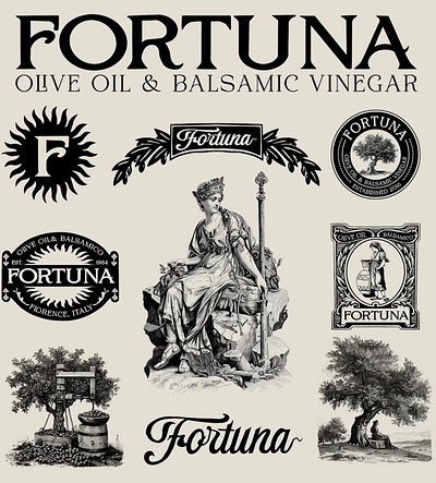 Fortuna Olive Oil Branding & Packaging Design badge design branding engraving etching fortuna graphic design illustration logos olive oil script logo vinegar