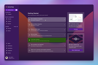 Getting Started / Onboarding Page analytics card demo getting started hubspot integration integrations new user onboarding salesforce ui