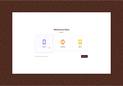 Rental Platform Onboarding agent airbnb brand cards clara getting started home house housing hover landlord onboarding rental property renter renting select user type ui