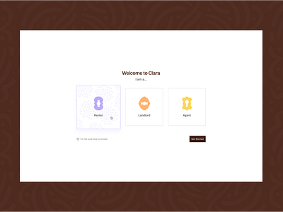 Rental Platform Onboarding agent airbnb brand cards clara getting started home house housing hover landlord onboarding rental property renter renting select user type ui