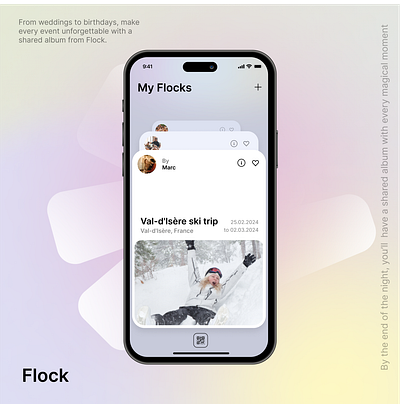 Everyone's photos magically in shared albums. branding flock ios mobile photos share social ui