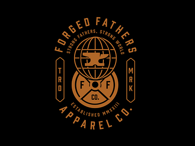 Forged Fathers Strong World Lock-up anvil black branding fitness globe gold logo type weights