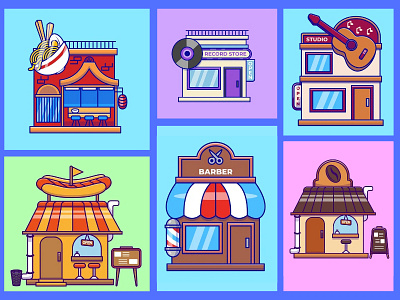 Shop Building 🏠💈☕🌭🍜🎸 architecture building business cartoon design flat graphic design illustration logo market object product retail service shop vector work