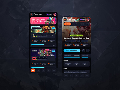 Powerplay - Esports platform apex app blue dark design esports league of legends mobile orange riotgames tournaments tournaments page ui ux valorant