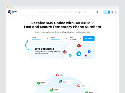 SMS Online service. User welcome guide after registration choose guide hero page landing page nav bar navigation bar onboarding selectors sms activation sms service ui design user guide ux design web guide web page website website guide welcome guide welcome page