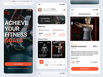 Fit Track - Muscle Exercise Mobile App booking branding callori design details exercise fitness gym homepage mockup monitoring personal progress review tracker trainer ui ux weight weightlifting