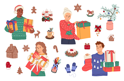 Set of illustrations for the New Year adobe illustrator app art branding cartoon cute design flat gift graphic design holiday icons illustration logo new year set simple stickers ui vector art