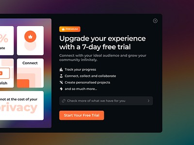 Subscription Modal android app bento bento box bento grid black branding dark theme free trail graphic design ios modal orange premium pro subscription ui upgrade web windows