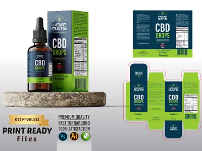 Hemp Gate CBD Drops Packaging Box & Label with Die-Cut branding cbd drops design graphic design illustration logo packaging print ready ui