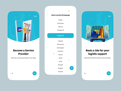 Truck & Logistic App app design app uiux choose language creative app design flat app design hybrid app design illustration logistic app logistic app onboarding mobile mobile app design modern app design onboarding truck app onboarding ui design uiroll