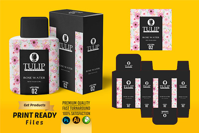 Tulip Rose Water Packaging Box Design & Label with Die-Cut branding design graphic design illustration label logo packaging print ready ui vector