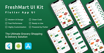 Online Grocery Shopping App UI Flutter account management delivery solution ecommerce flutter ui kit freshmart grocery grocery app grocery delivery grocery shopping grocery store app offers and discounts online grocery shopping app